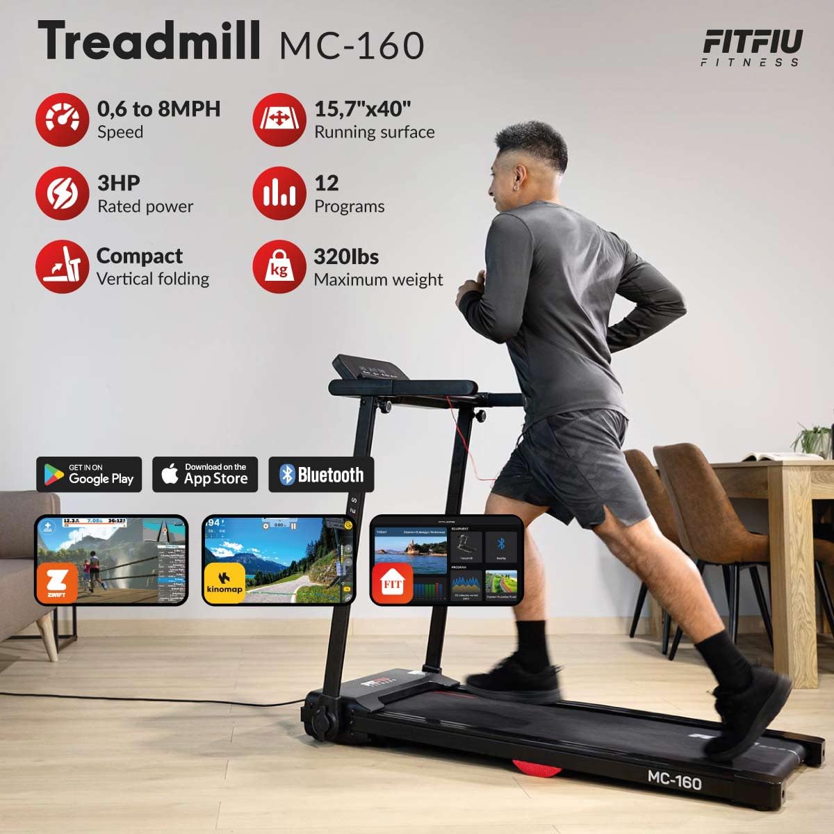 FITFIU Fitness MC-160 - Cinta de Correr 2 en 1 para Andar y Correr, Walking Pad Plegable, 12 programas, Bluetooth y Speakers, Conectividad App Kinomap, Caminadora Ultracompacta para el Hogar/Oficina