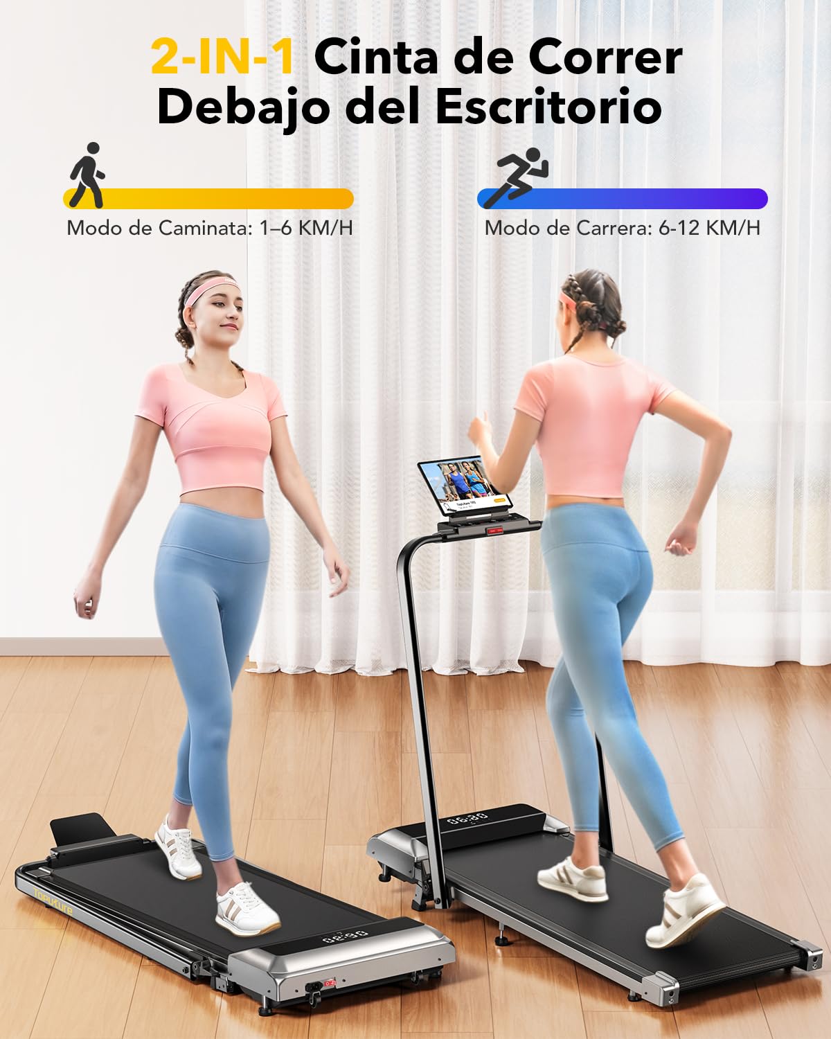 3 en 1 Cinta de Correr Plegable con Inclinación de 7%, 2.5HP Cinta de Correr Electrica para el Hogar Debajo del Escritorio,