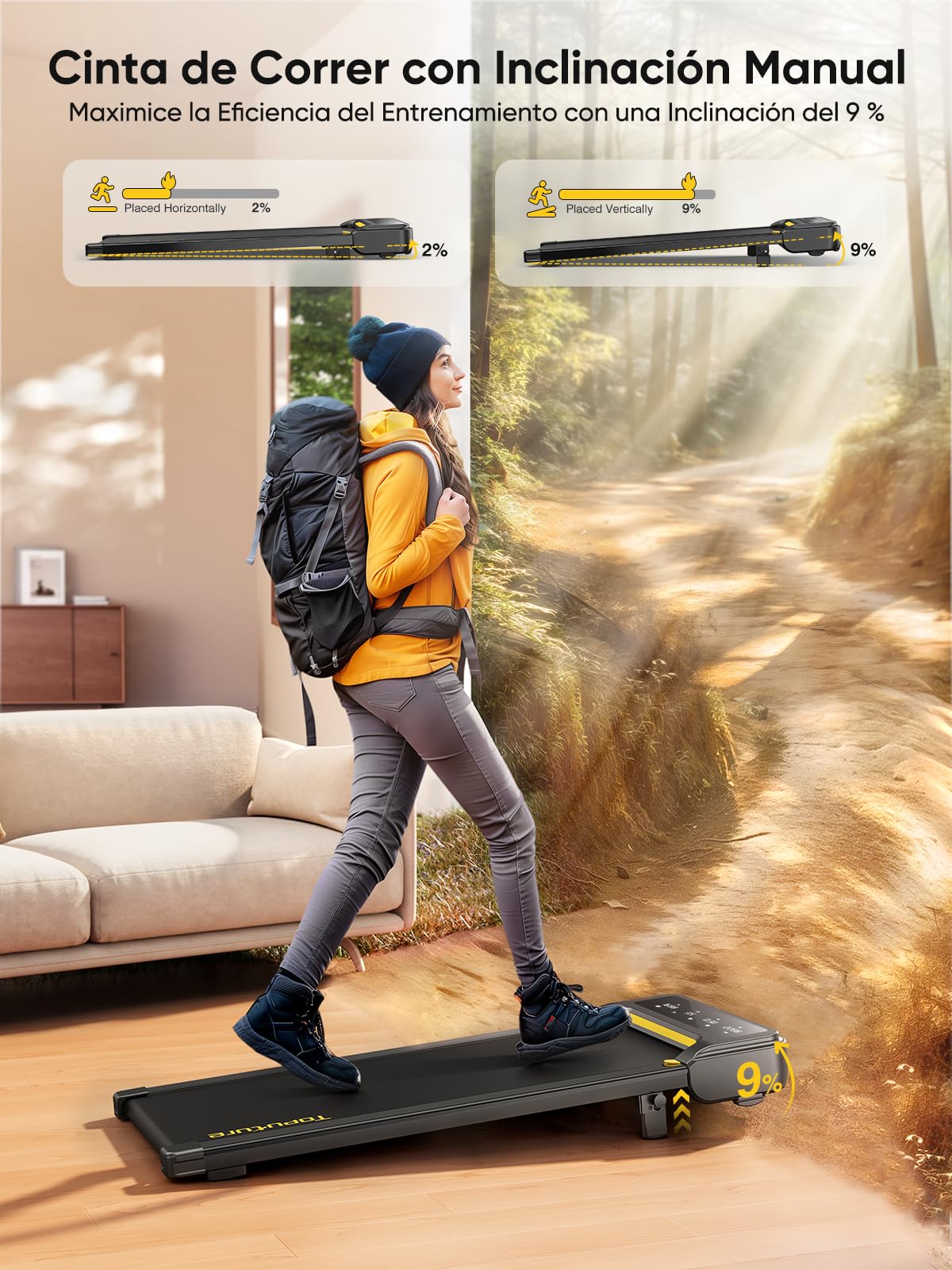 Almohadilla Toputure 9% Inclinada Cinta de Correr, 2.5HP Hogar Electrica Cinta de Correr Debajo Escritorio,