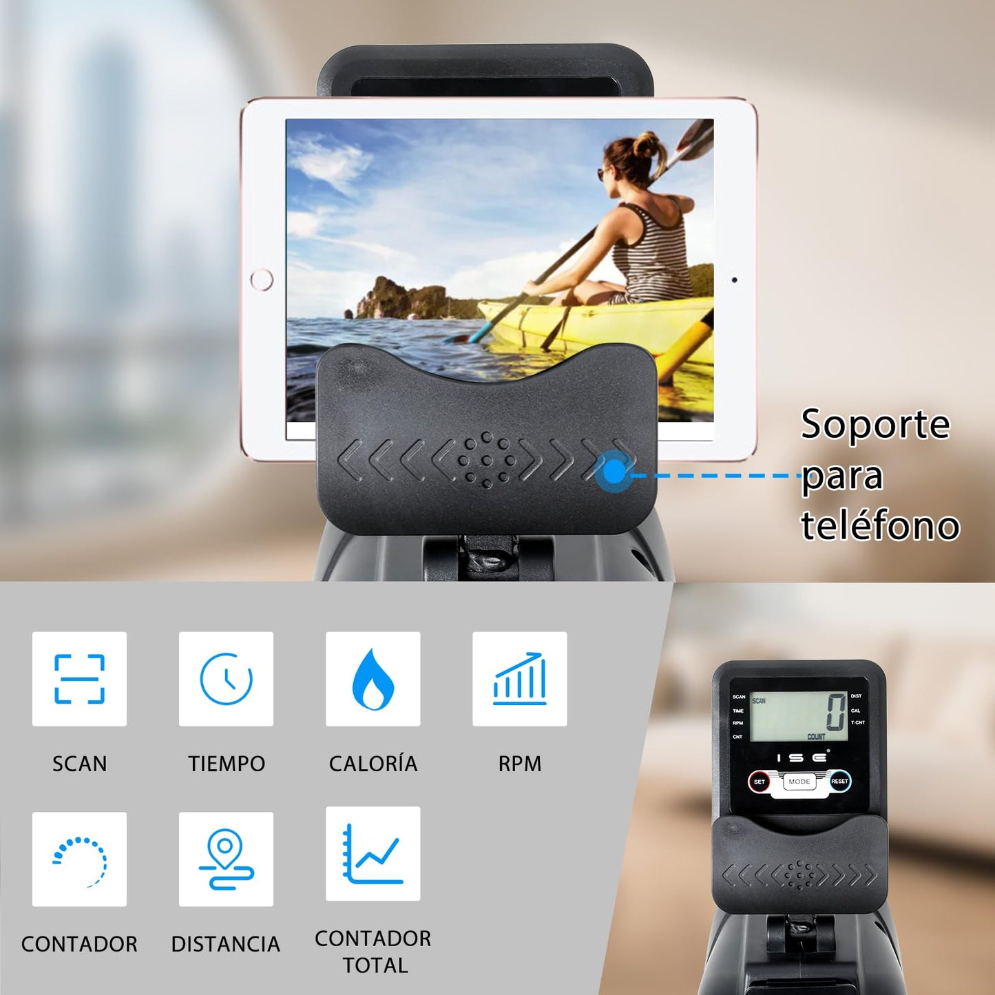 ISE Máquina De Remo para casa, Silenciosa, Máquina Remo Magnético, Remo Gimnasio En Casa con 8 Niveles de Resistencia, Fuerza de Tracción máx de 15KG, Remo Maquina Ejercicios En Casa