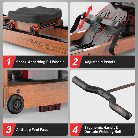JOROTO Máquina de Remo de Agua para Casa, Máquina Remo Plegable de Madera de Roble, Capacidad de Peso de 150kg con Monitor Bluetooth, Soporte Ajustable para Tableta