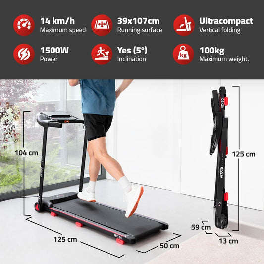 FITFIU Fitness MC-90 - Cinta de Correr Plegable, Motor Brushless, Inclinación de 5º, Pantalla LCD Multifunción, Conectividad con App, Peso Máx. 100kg, Caminadora para el hogar i Oficina