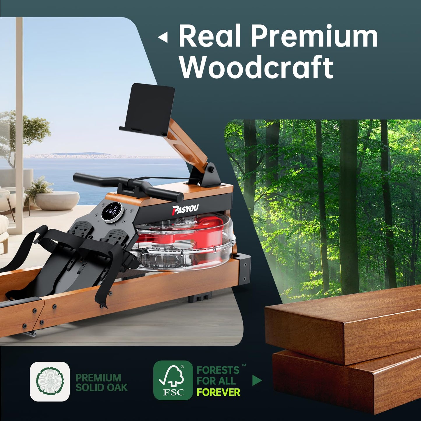 PASYOU Máquinas de remo de agua para el hogar, máquina de remo plegable de madera de roble, capacidad de peso de 350 libras, máquinas de remo ajustables de 6 niveles con monitor y soporte de