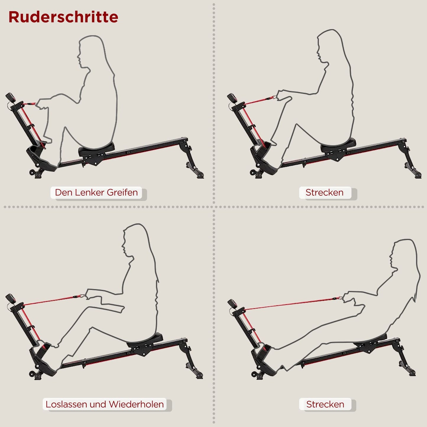 Máquina de Remo para el hogar, máquina de Remo Plegable, 120 kg de Capacidad de Peso (Rojo)