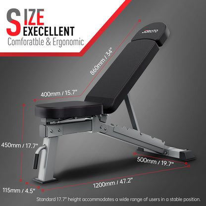 JOROTO MD80 Banco de Pesas Ajustable – Bancos de Entrenamiento de Carga de 450 KG para todo el cuerpo, Ejercicios de Press de Banca Vertical, Inclinado, declinado y Plano