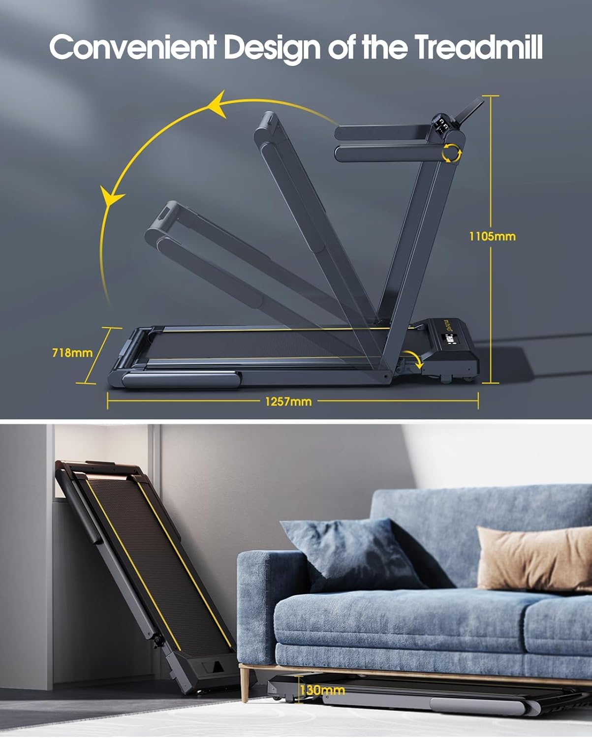 TOPUTURE Cinta de Correr Plegable, 2.5HP Hogar Cinta de Correr para el Debajo del Escritorio, Frecuencia Cardíaca,130 KG, 16KM/H, Dual Pantalla, Bocina Bluetooth, App (Negro - Sin inclinación)