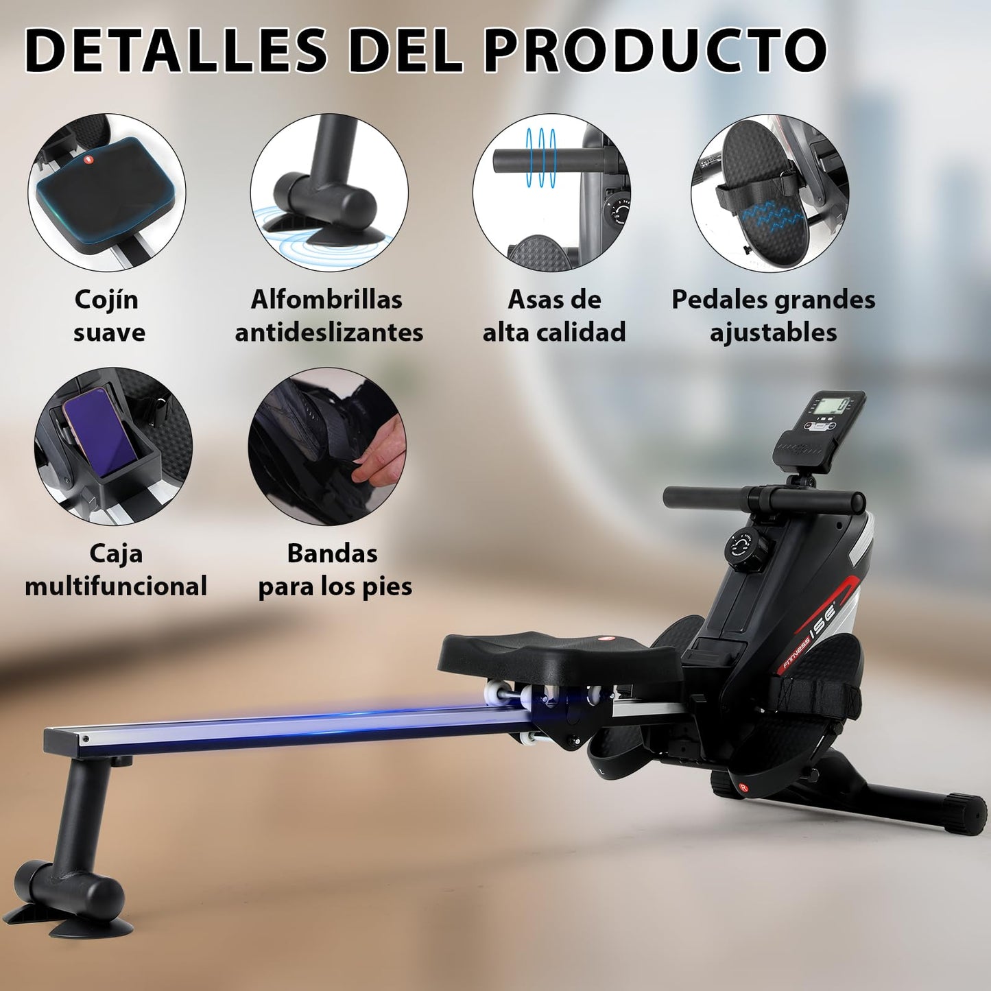 ISE Máquina De Remo para casa, Silenciosa, Máquina Remo Magnético, Remo Gimnasio En Casa con 8 Niveles de Resistencia, Fuerza de Tracción máx de 15KG, Remo Maquina Ejercicios En Casa