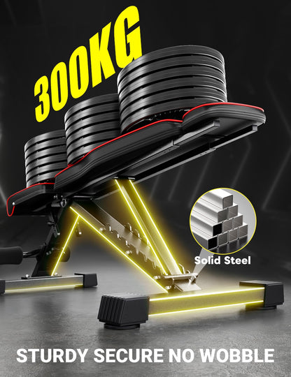 YOLEO Banco de pesas plegable de 300 kg, multifunción, con espalda y cabeza ampliadas y soporte para la columna vertebral, banco de entrenamiento para fitness, banco inclinado con respaldo ajustable