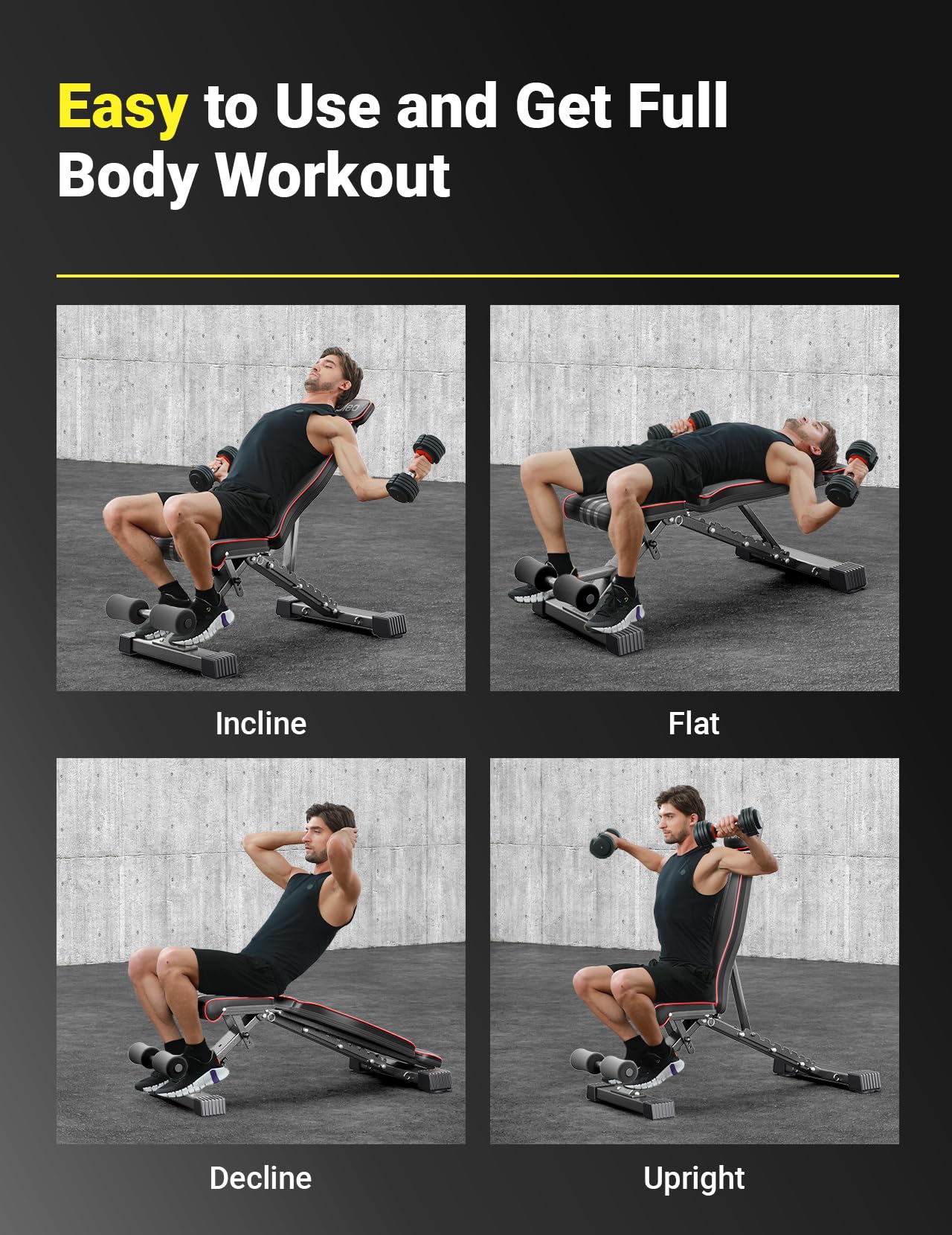 YOLEO Banco de pesas plegable de 300 kg, multifunción, con espalda y cabeza ampliadas y soporte para la columna vertebral, banco de entrenamiento para fitness, banco inclinado con respaldo ajustable