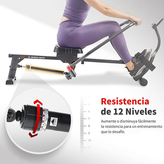 Sunny Health & Fitness Máquina de Remo Inteligente y compacta de Movimiento Completo, Entrenamiento de Cuerpo Completo, riel extralargo de bajo Impacto, Capacidad de Peso de 159 KG - SF-RW5639SMART
