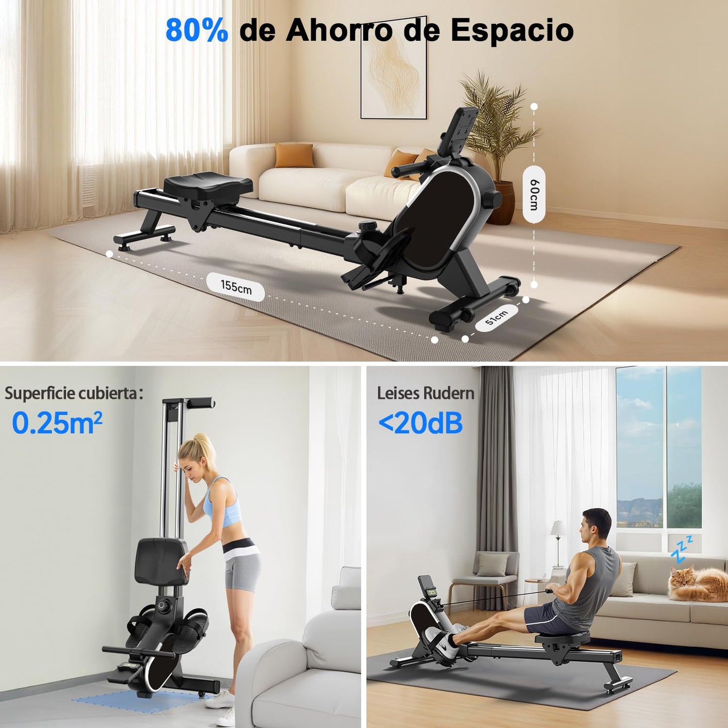 CHAOKE Maquina de Remo Para Casa, Pistas Dobles Ultra Silenciosas y Estables,16 Niveles de Resistencia Magnético con APP, Bluetooth y Pantalla LCD, Soporta hasta 160 KG, Fitness en Interiores
