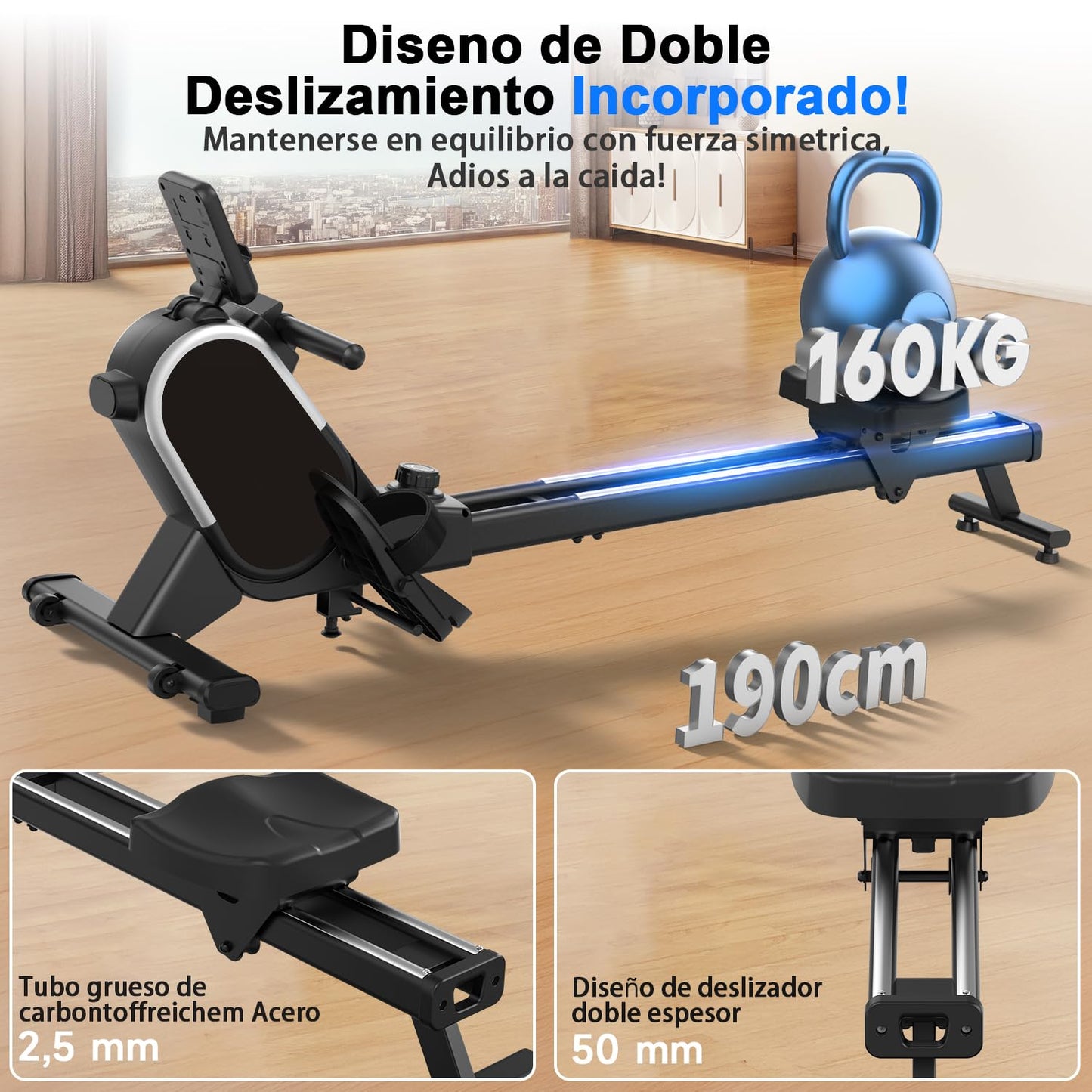 CHAOKE Maquina de Remo Para Casa, Pistas Dobles Ultra Silenciosas y Estables,16 Niveles de Resistencia Magnético con APP, Bluetooth y Pantalla LCD, Soporta hasta 160 KG, Fitness en Interiores
