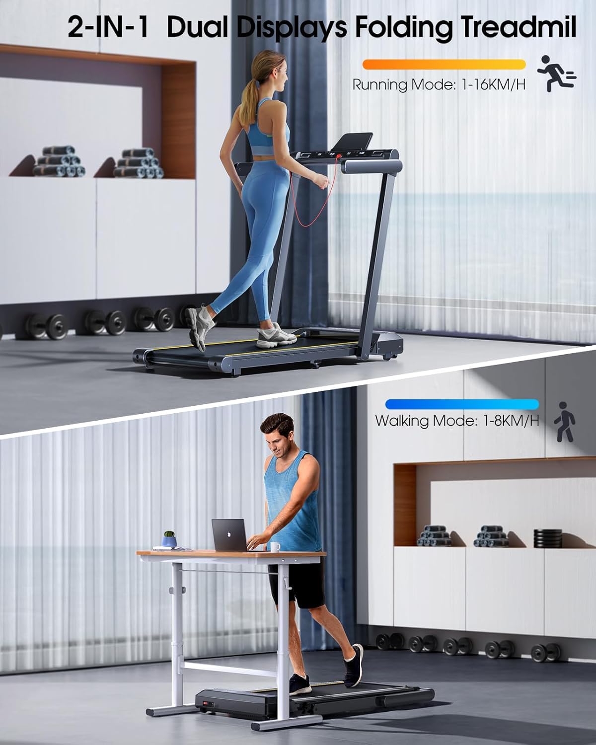 TOPUTURE Cinta de Correr Plegable, 2.5HP Hogar Cinta de Correr para el Debajo del Escritorio, Frecuencia Cardíaca,130 KG, 16KM/H, Dual Pantalla, Bocina Bluetooth, App (Negro - Sin inclinación)
