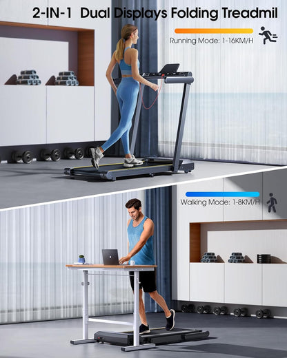 TOPUTURE Cinta de Correr Plegable, 2.5HP Hogar Cinta de Correr para el Debajo del Escritorio, Frecuencia Cardíaca,130 KG, 16KM/H, Dual Pantalla, Bocina Bluetooth, App (Negro - Sin inclinación)