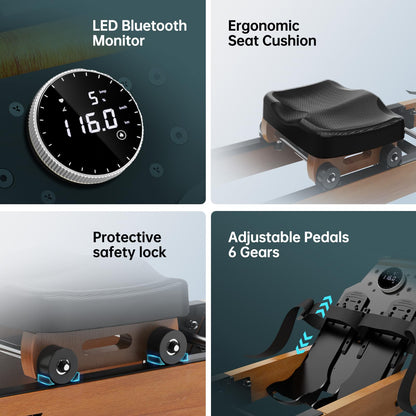 PASYOU Máquinas de remo de agua para el hogar, máquina de remo plegable de madera de roble, capacidad de peso de 350 libras, máquinas de remo ajustables de 6 niveles con monitor y soporte de