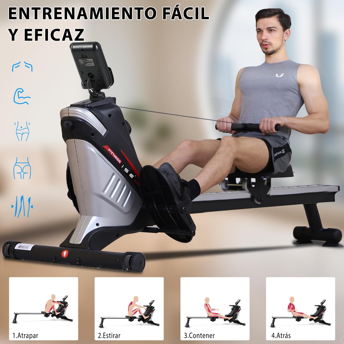 ISE Máquina De Remo para casa, Silenciosa, Máquina Remo Magnético, Remo Gimnasio En Casa con 8 Niveles de Resistencia, Fuerza de Tracción máx de 15KG, Remo Maquina Ejercicios En Casa