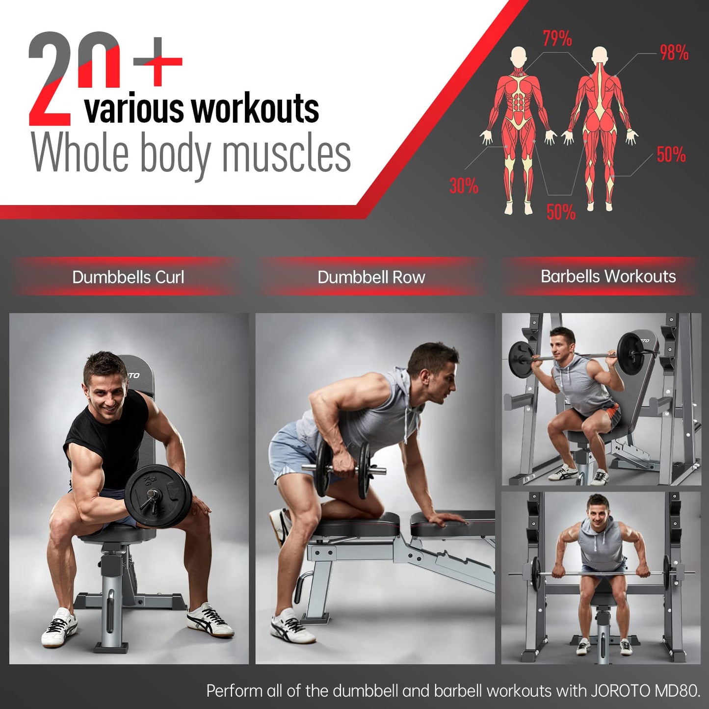 JOROTO MD80 Banco de Pesas Ajustable – Bancos de Entrenamiento de Carga de 450 KG para todo el cuerpo, Ejercicios de Press de Banca Vertical, Inclinado, declinado y Plano