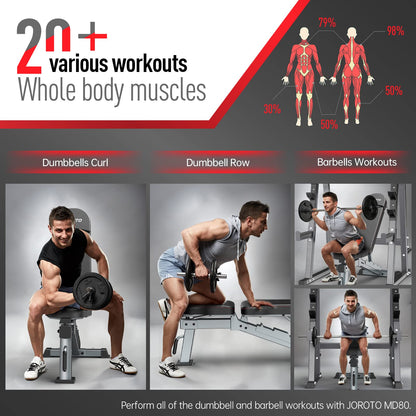 JOROTO MD80 Banco de Pesas Ajustable – Bancos de Entrenamiento de Carga de 450 KG para todo el cuerpo, Ejercicios de Press de Banca Vertical, Inclinado, declinado y Plano