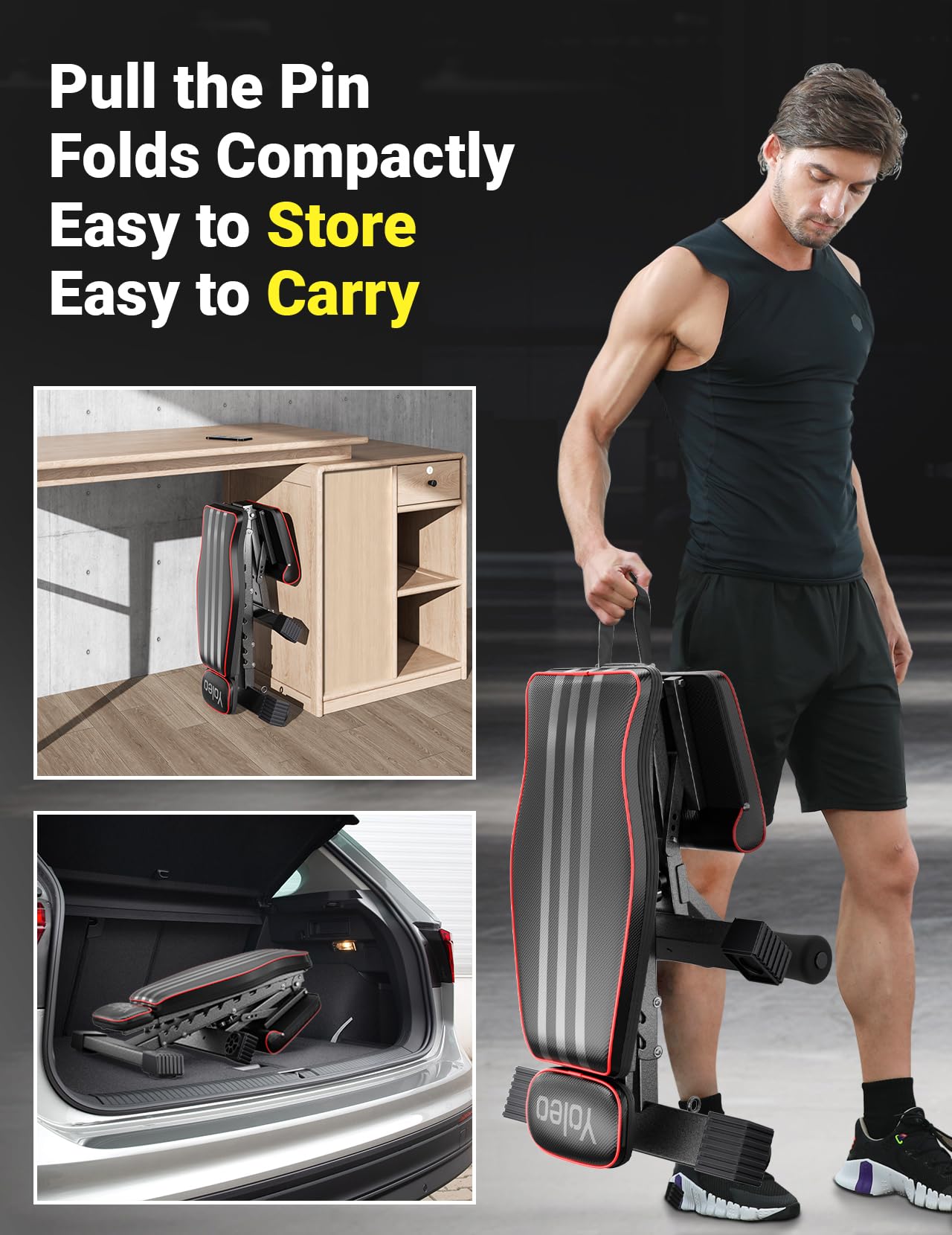 YOLEO Banco de pesas plegable de 300 kg, multifunción, con espalda y cabeza ampliadas y soporte para la columna vertebral, banco de entrenamiento para fitness, banco inclinado con respaldo ajustable