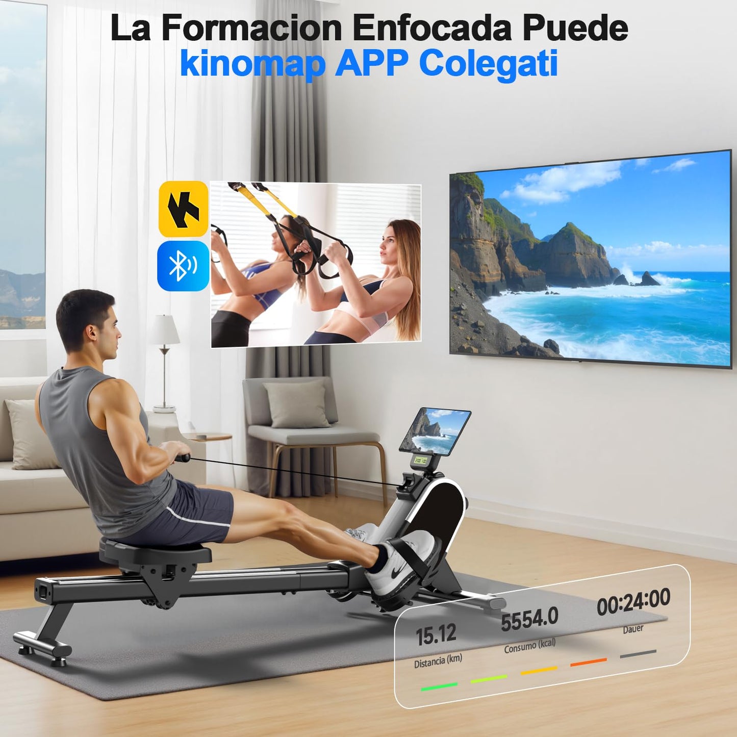 CHAOKE Maquina de Remo Para Casa, Pistas Dobles Ultra Silenciosas y Estables,16 Niveles de Resistencia Magnético con APP, Bluetooth y Pantalla LCD, Soporta hasta 160 KG, Fitness en Interiores