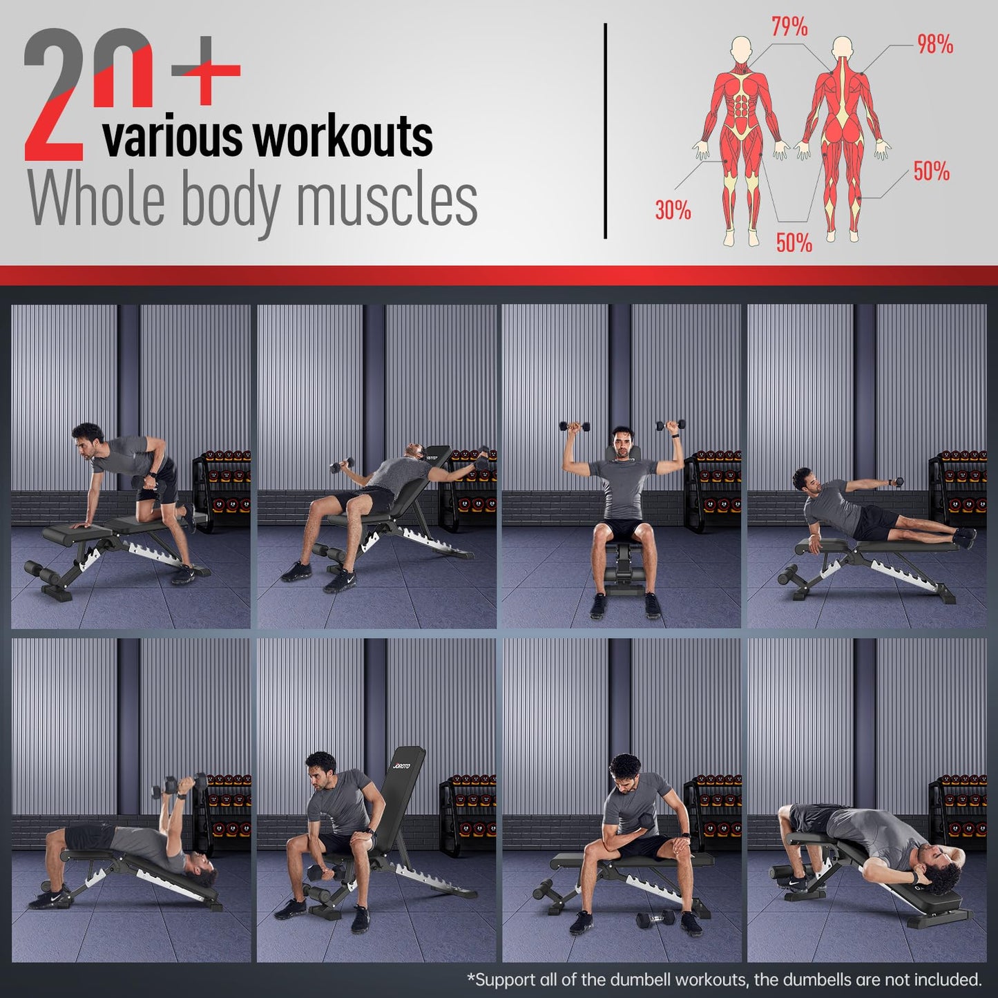 JOROTO MD60 Banco De Pesas Ajustable – Banco De Entrnamiento De Musculación Plegable De Capacidad De 360 kg Para Bench Press De Cuerpo Completo