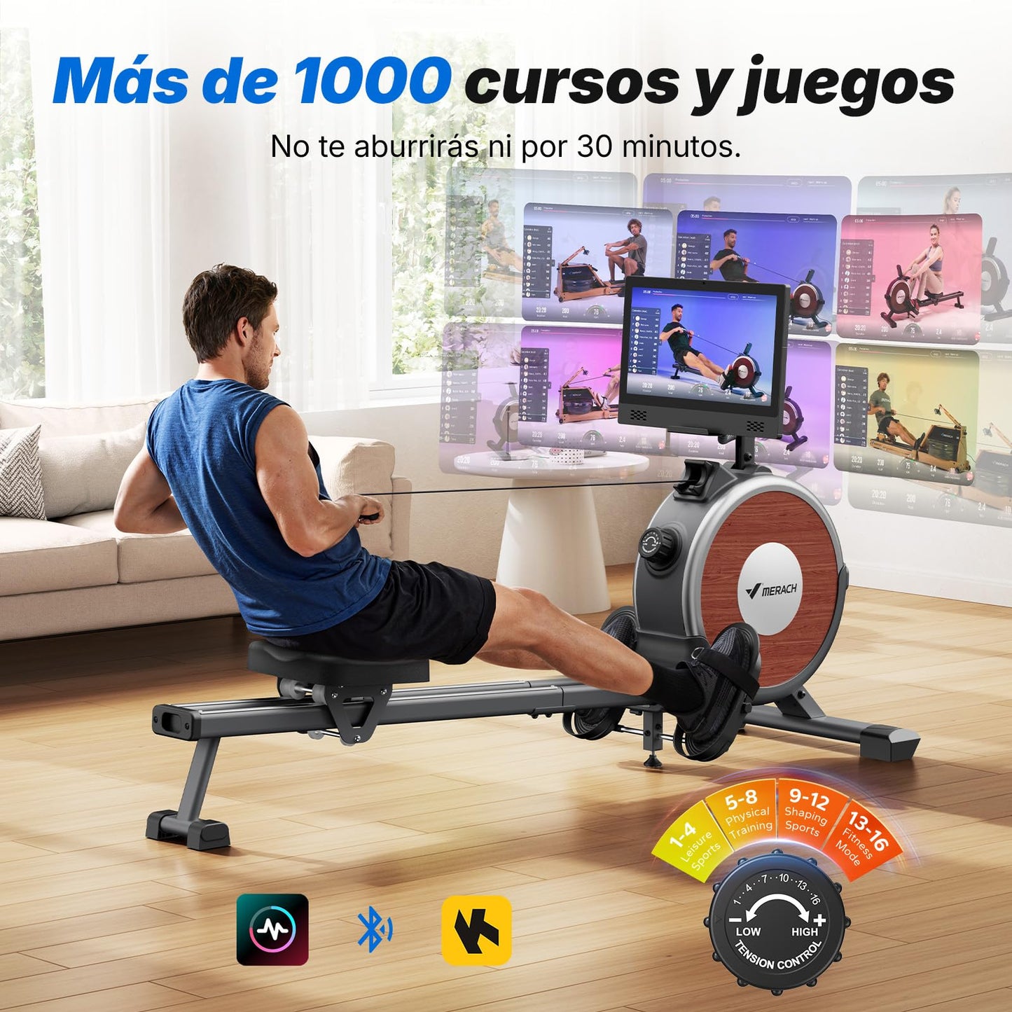 MERACH Máquina de Remo con Pantalla giratoria HD de 15,6 Pulgadas, máquina de Remo magnética para casa, 16 Niveles de Resistencia silenciosa, Doble riel Liso, Compatible con la aplicación