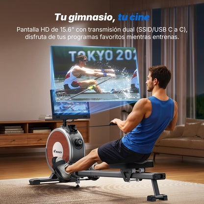 MERACH Máquina de Remo con Pantalla giratoria HD de 15,6 Pulgadas, máquina de Remo magnética para casa, 16 Niveles de Resistencia silenciosa, Doble riel Liso, Compatible con la aplicación