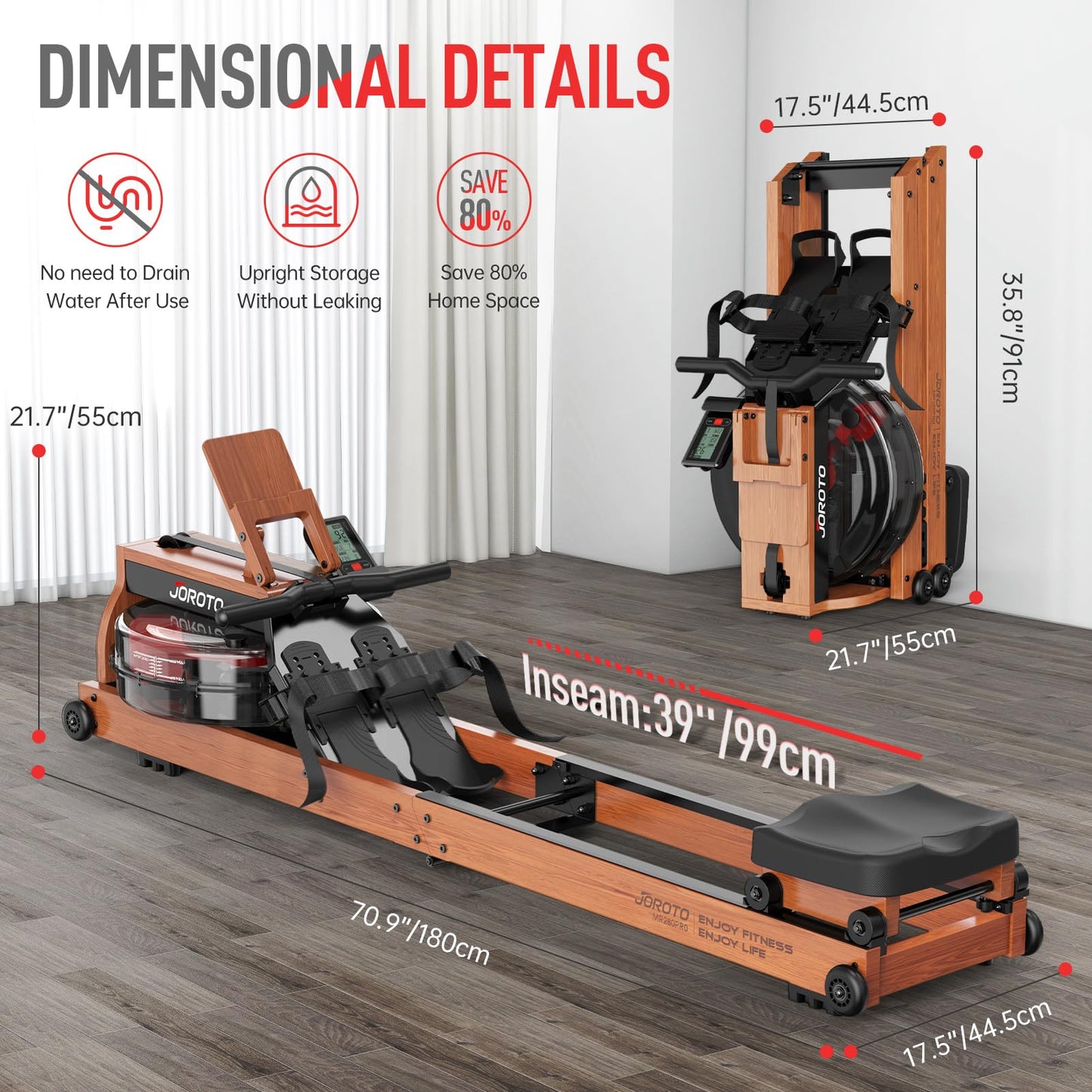 JOROTO Máquina de Remo de Agua para Casa, Máquina Remo Plegable de Madera de Roble, Capacidad de Peso de 150kg con Monitor Bluetooth, Soporte Ajustable para Tableta