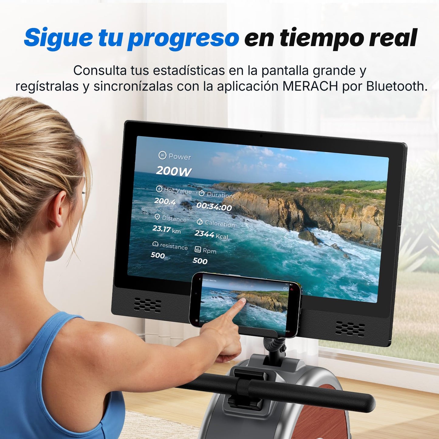 MERACH Máquina de Remo con Pantalla giratoria HD de 15,6 Pulgadas, máquina de Remo magnética para casa, 16 Niveles de Resistencia silenciosa, Doble riel Liso, Compatible con la aplicación