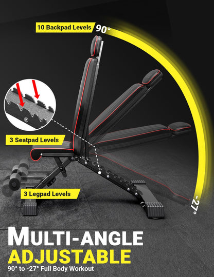 YOLEO Banco de pesas plegable de 300 kg, multifunción, con espalda y cabeza ampliadas y soporte para la columna vertebral, banco de entrenamiento para fitness, banco inclinado con respaldo ajustable