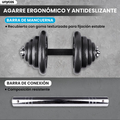 unycos - Par de Mancuernas Ajustables y Antideslizantes con Barra de Conexión【50 kg】E-Book y Maletín,