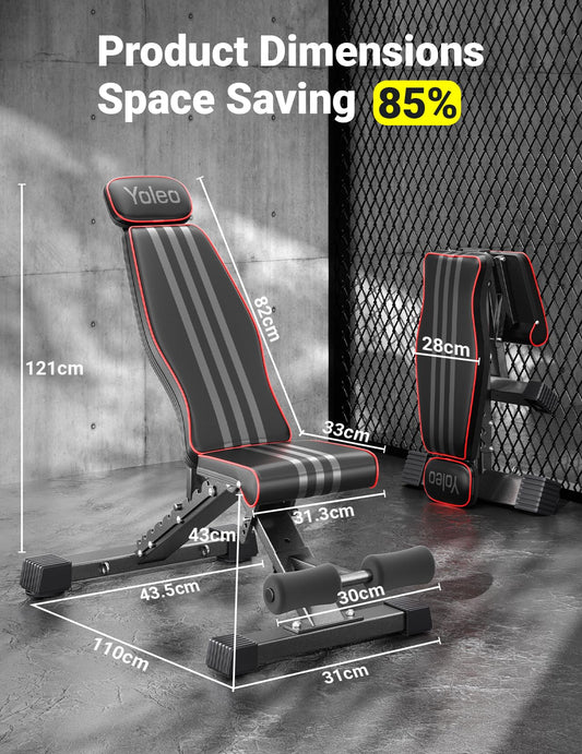 YOLEO Banco de pesas plegable de 300 kg, multifunción, con espalda y cabeza ampliadas y soporte para la columna vertebral, banco de entrenamiento para fitness, banco inclinado con respaldo ajustable