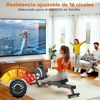 DMASUN Máquina de remo magnética, 16 niveles de resistencia, máquina de remo profesional para casa, dobles guías correderas de aleación mejoradas, compatibles con APP y capacidad de carga máxima de