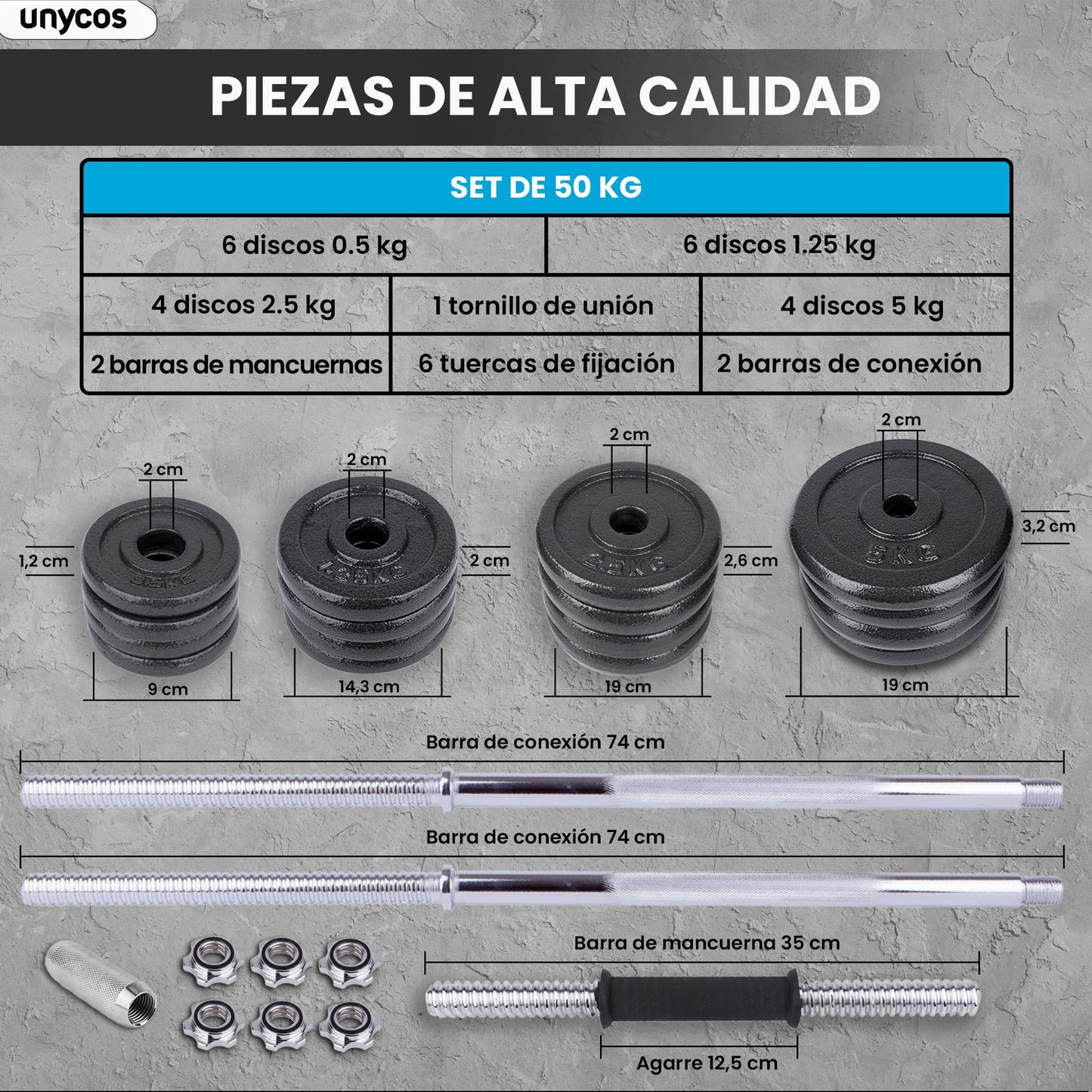 unycos - Par de Mancuernas Ajustables y Antideslizantes con Barra de Conexión【50 kg】E-Book y Maletín,