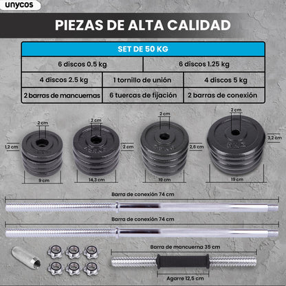 unycos - Par de Mancuernas Ajustables y Antideslizantes con Barra de Conexión【50 kg】E-Book y Maletín,