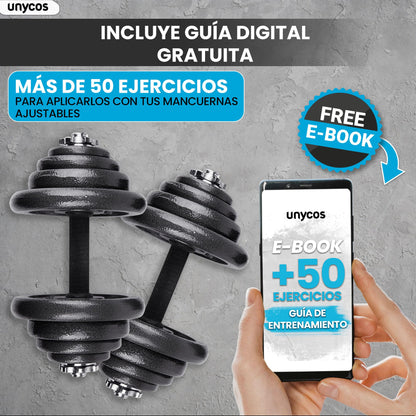 unycos - Par de Mancuernas Ajustables y Antideslizantes con Barra de Conexión【50 kg】E-Book y Maletín,